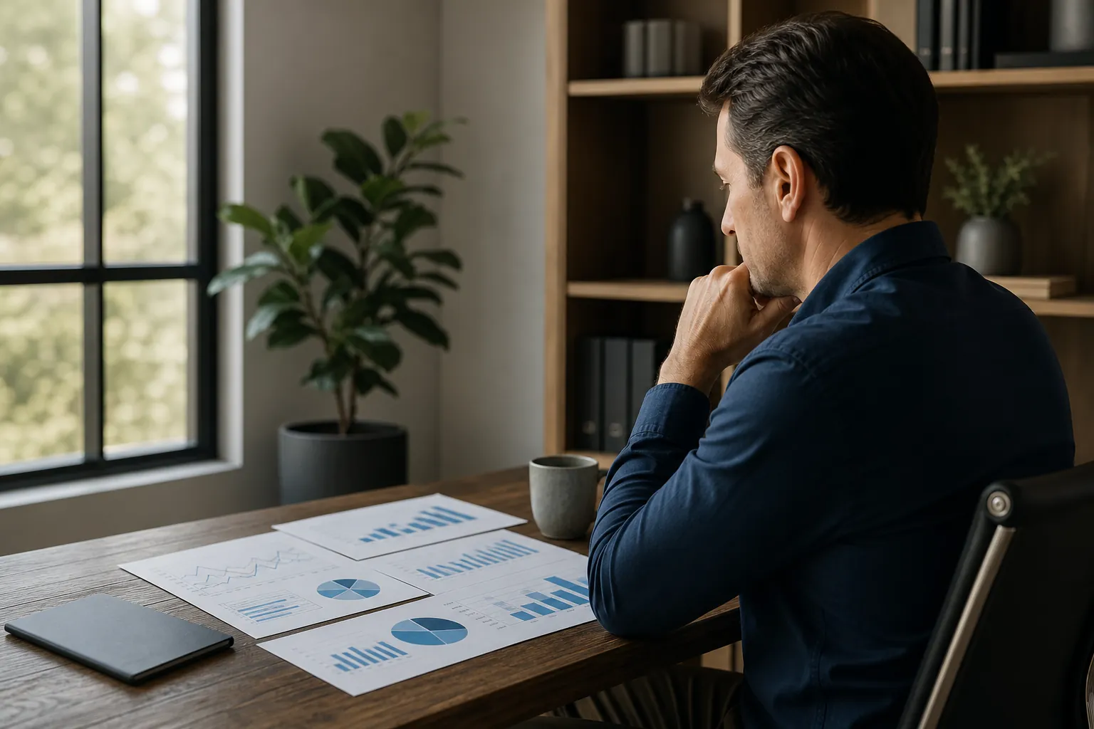 A man rests his hand against his chin while reviewing printed bar, line, and pie charts at a wooden desk beside a window.