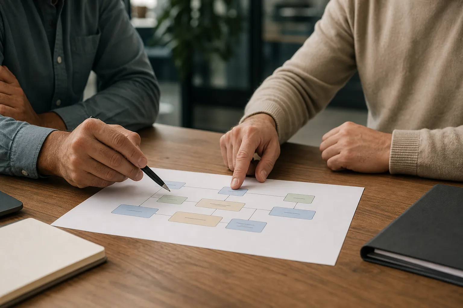 Reviewing a Project Scope and Ownership Flowchart Two people review a printed flowchart at a wooden table, one holding a pen and the other pointing to a blue box.