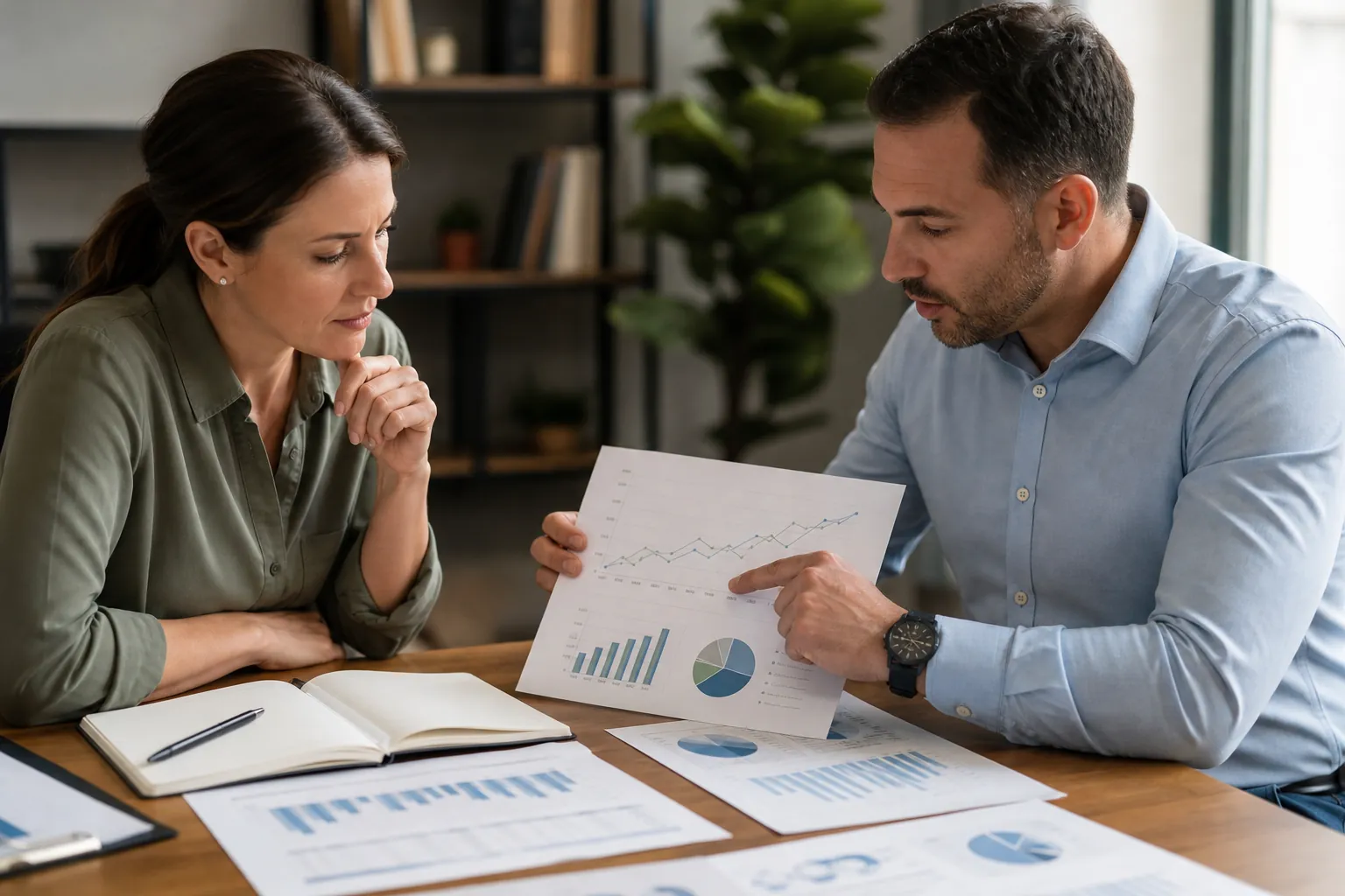 Reviewing Business Baseline Charts and Reports Two people review a printed report with line, bar and pie charts at a wooden table covered with reports and an open notebook.