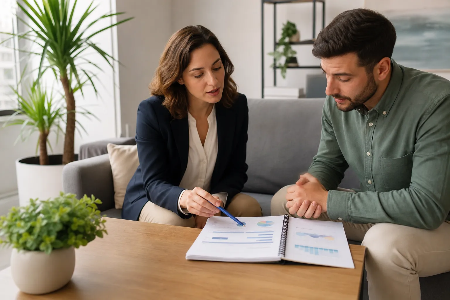 Two People Reviewing Charts in a Spiral-Bound Report A woman points a blue pen at charts in an open spiral-bound report while a man reviews it beside her on a gray sofa.