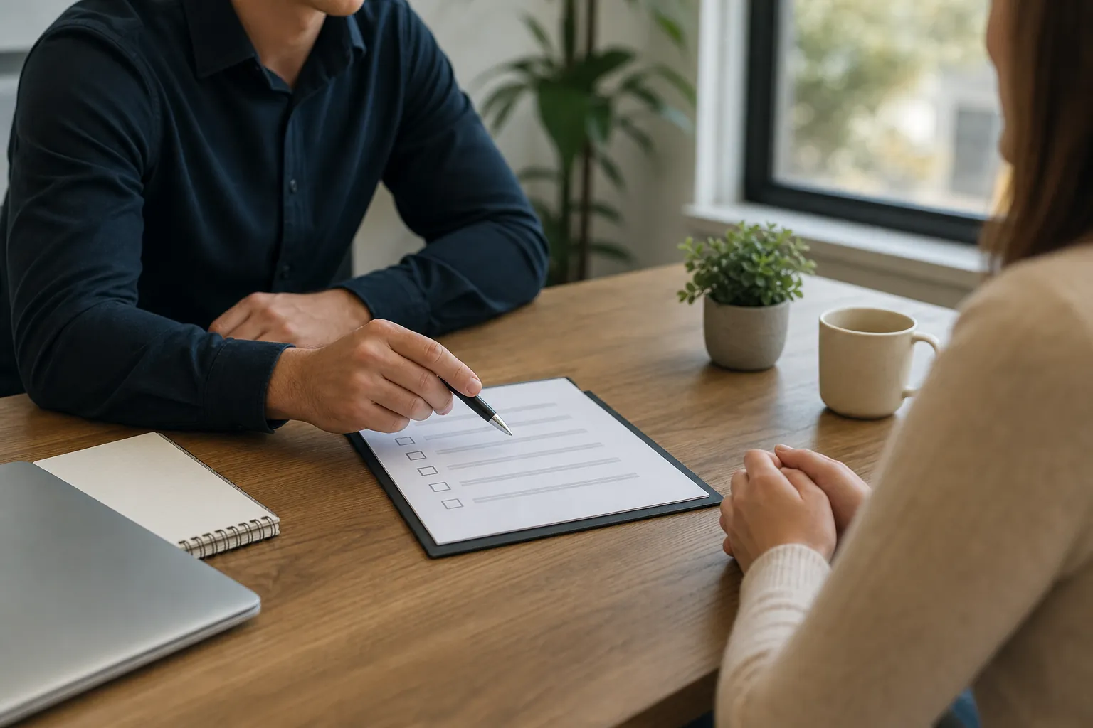 Two People Reviewing a Checklist at a Desk Two people sit across a wooden desk as one points a pen at a checklist beside a laptop, notebook, mug, and potted plant.