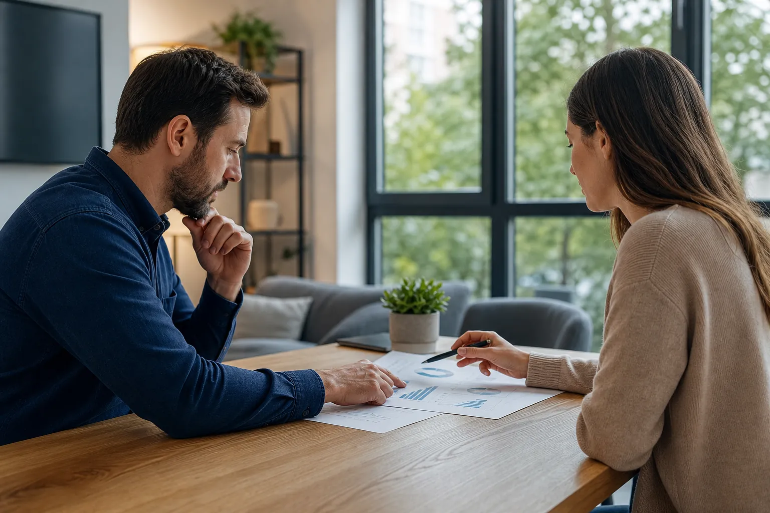 Two Colleagues Reviewing Printed Charts A man and woman review printed charts at a wooden table, with the woman pointing a pen toward the reports.