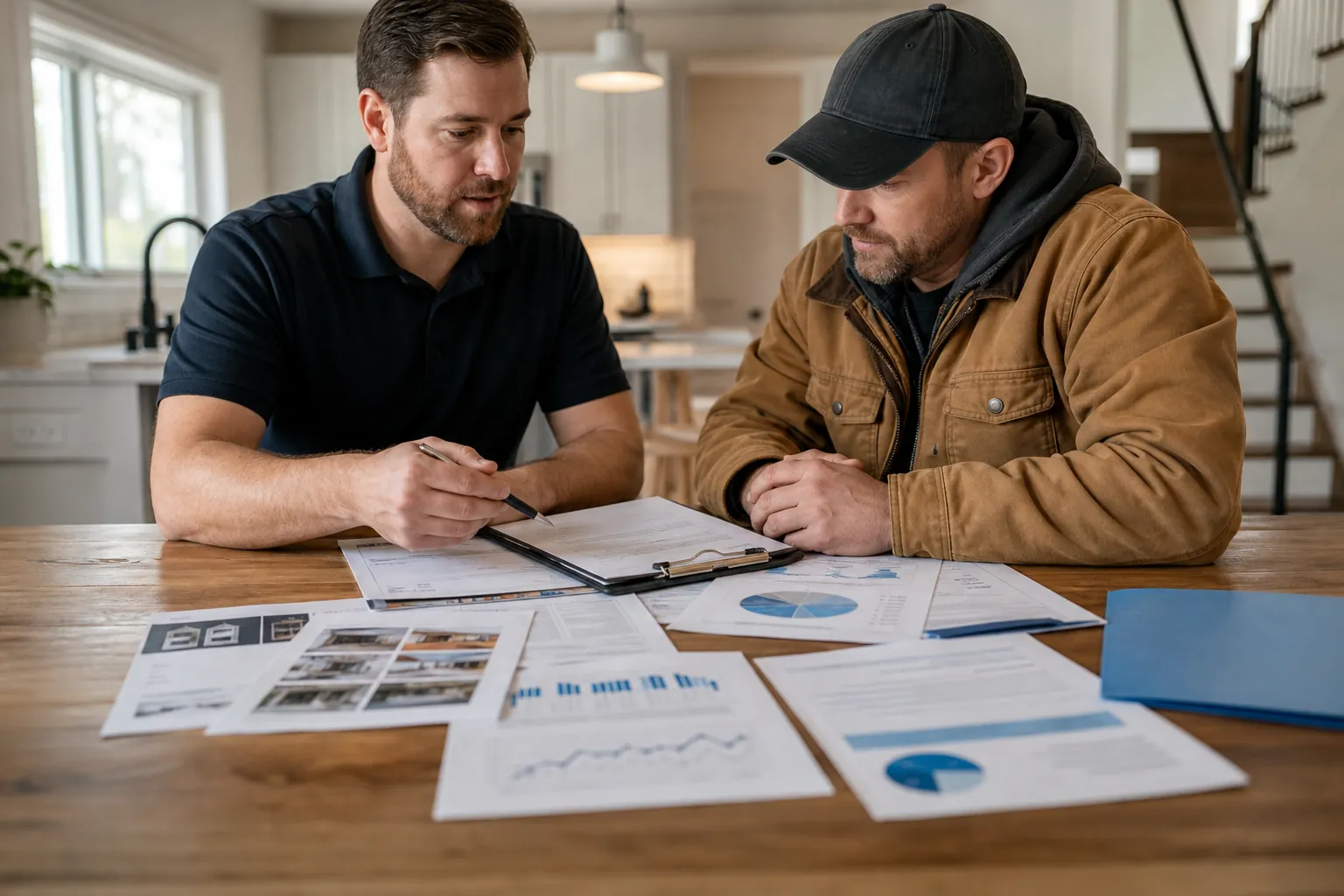 Two men review a clipboard and printed reports with charts at a wooden kitchen table, with a blue folder beside them.