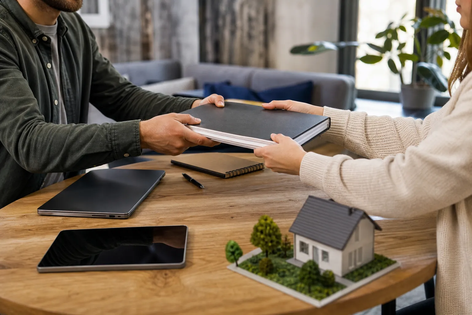 Two people pass a black binder across a wooden table with a closed laptop, tablet, notebook, pen and model house.