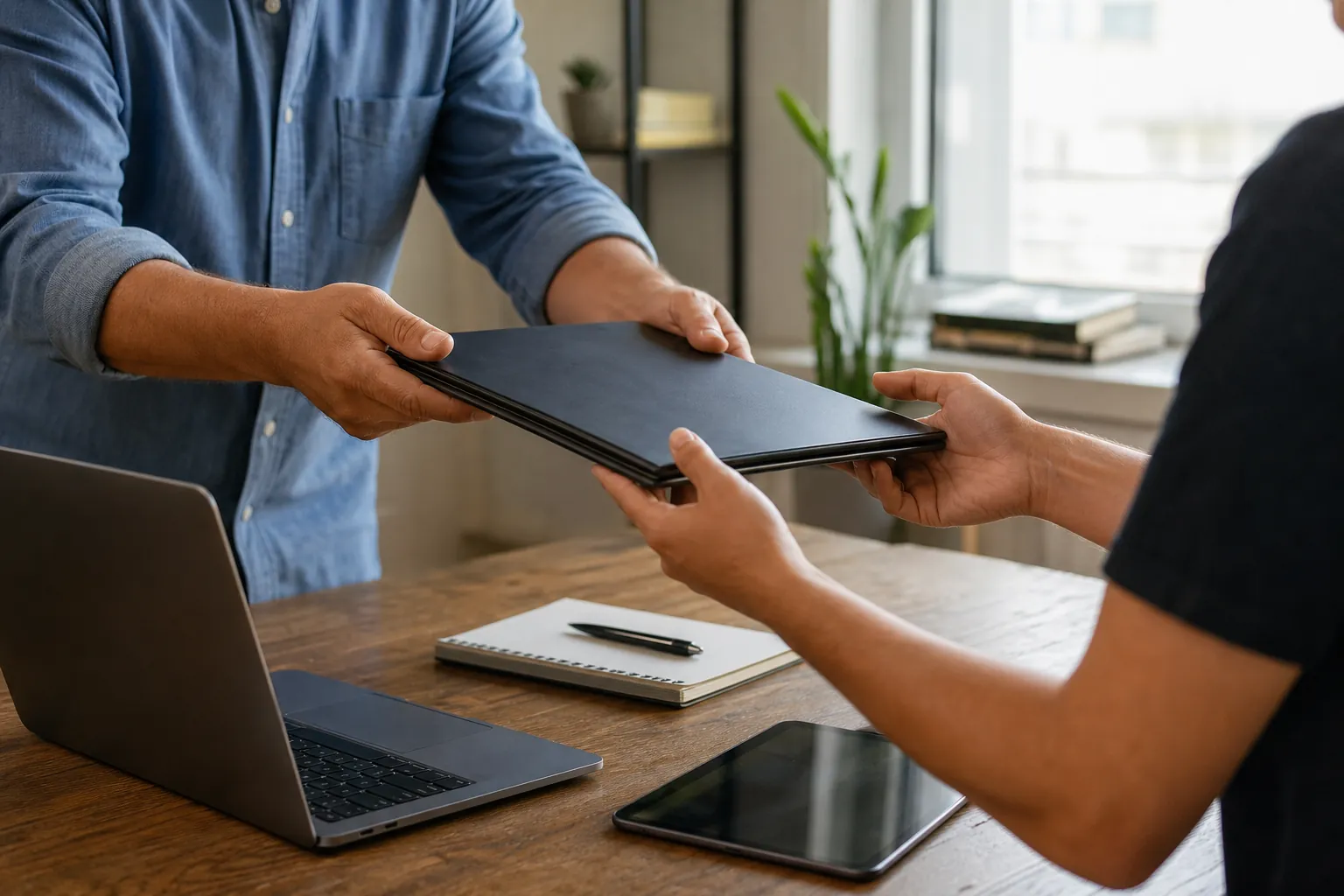 Two people pass a closed laptop across a wooden desk with an open laptop, tablet, notebook and pen.