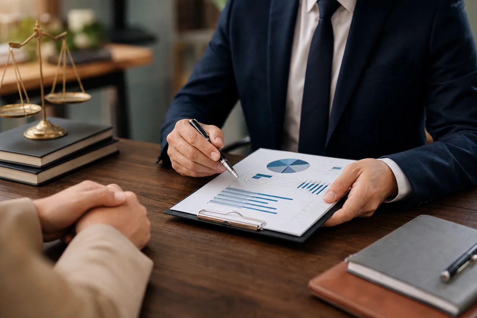 A suited professional points to charts on a clipboard across from a client, with brass scales and stacked books on the desk.