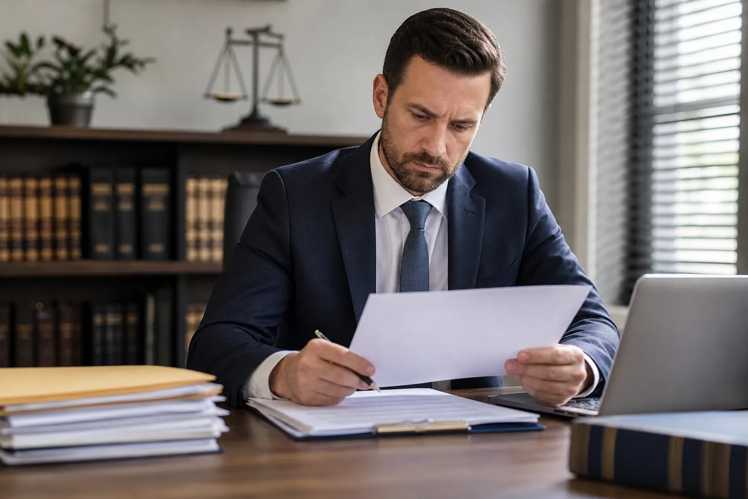 A man in a navy suit reviews paperwork at a desk with a laptop, stacked folders, law books, and scales behind him.