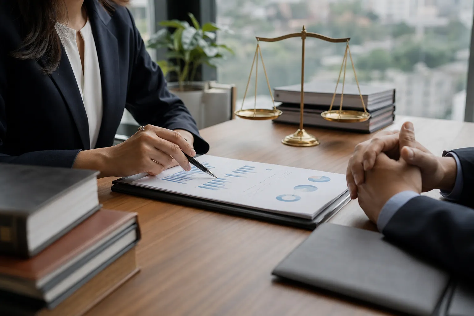 Two people in business attire review printed charts at a wooden desk with law books and brass scales of justice.