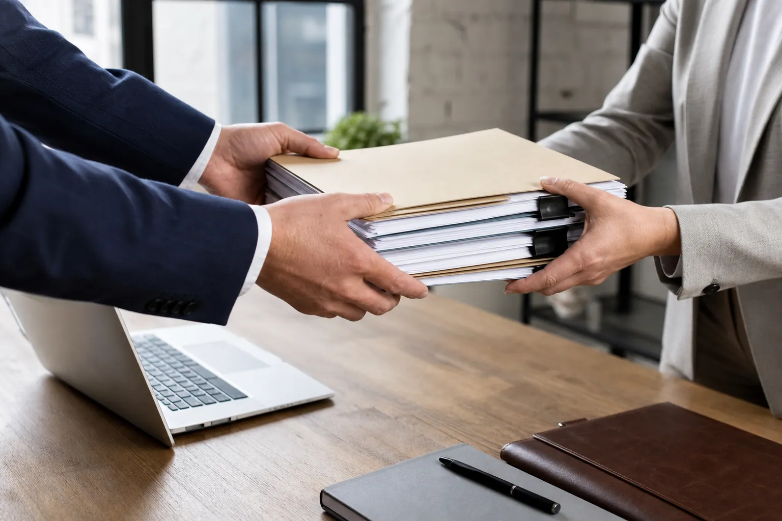 Two people in suits pass a stack of folders and documents across a wooden desk with an open laptop and notebooks.