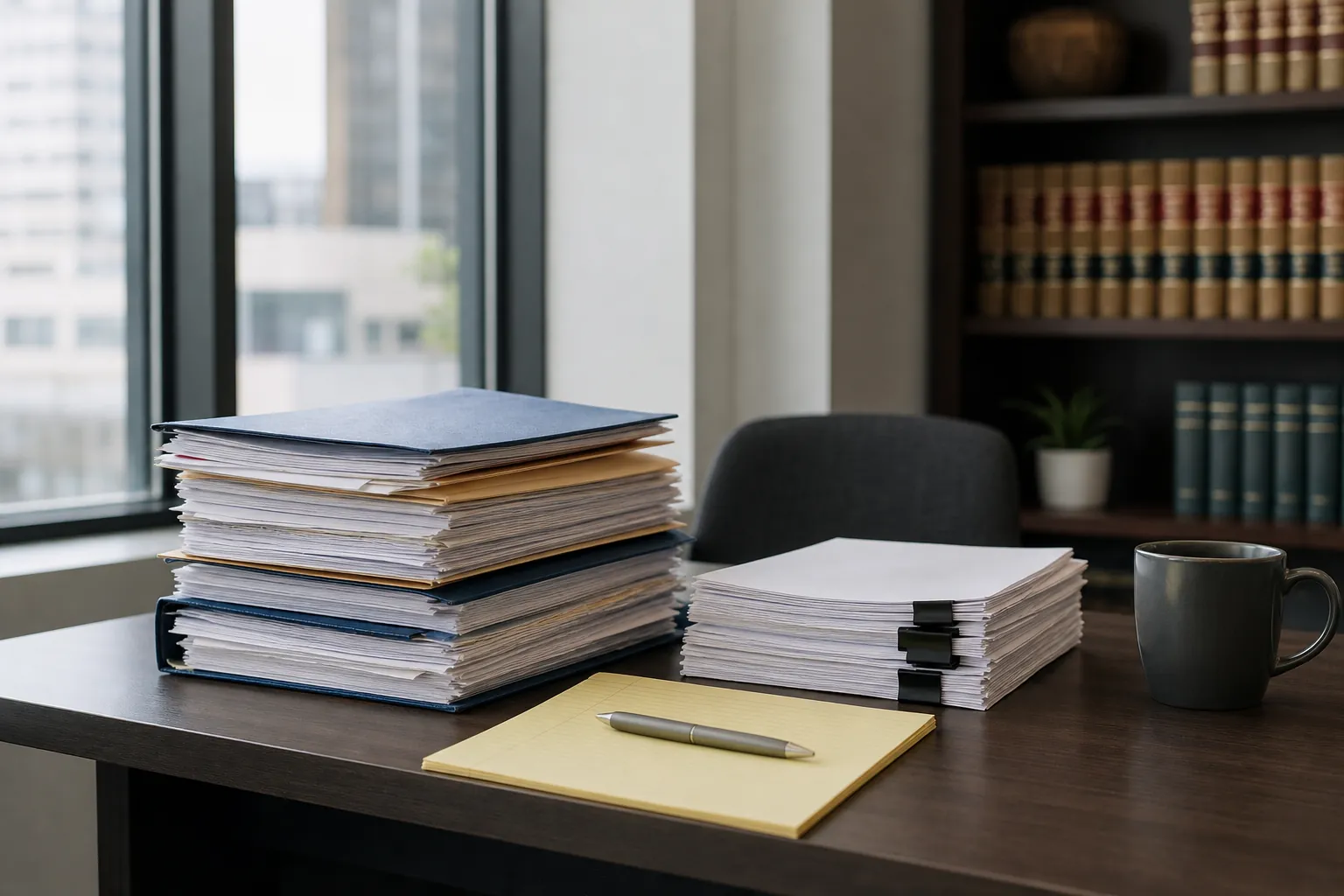 Stacks of folders and clipped paperwork sit on an office desk beside a yellow notepad, pen and mug, with law books behind.