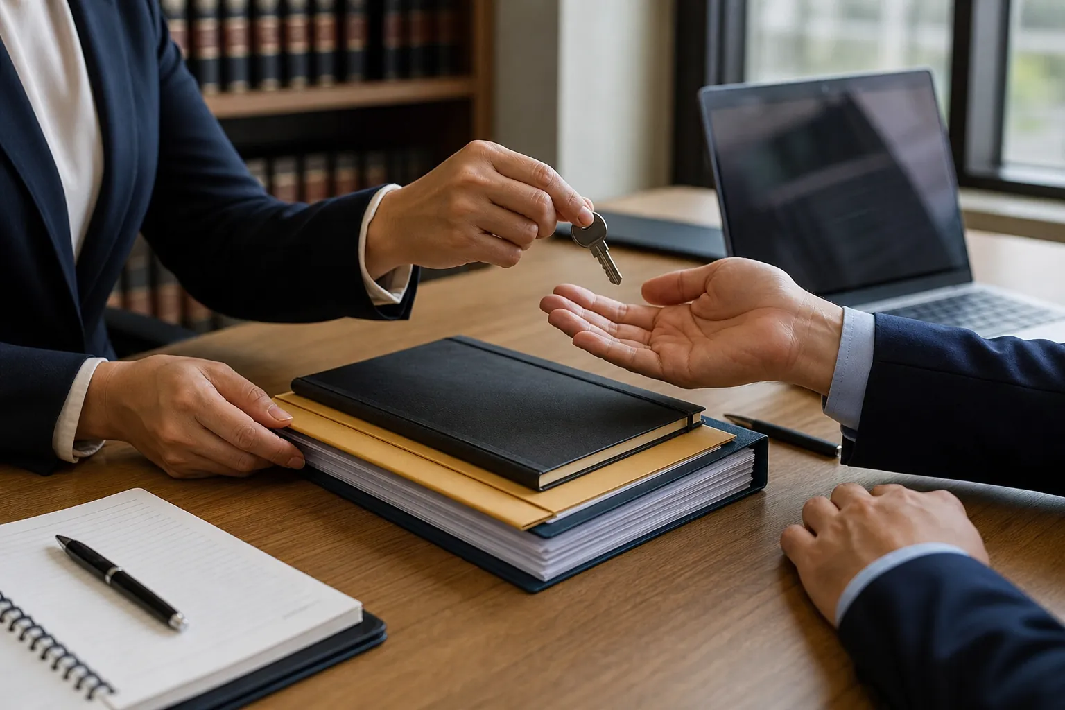 Two suited people pass a key across a wooden desk with stacked folders, a black notebook, an open laptop, and a pen.