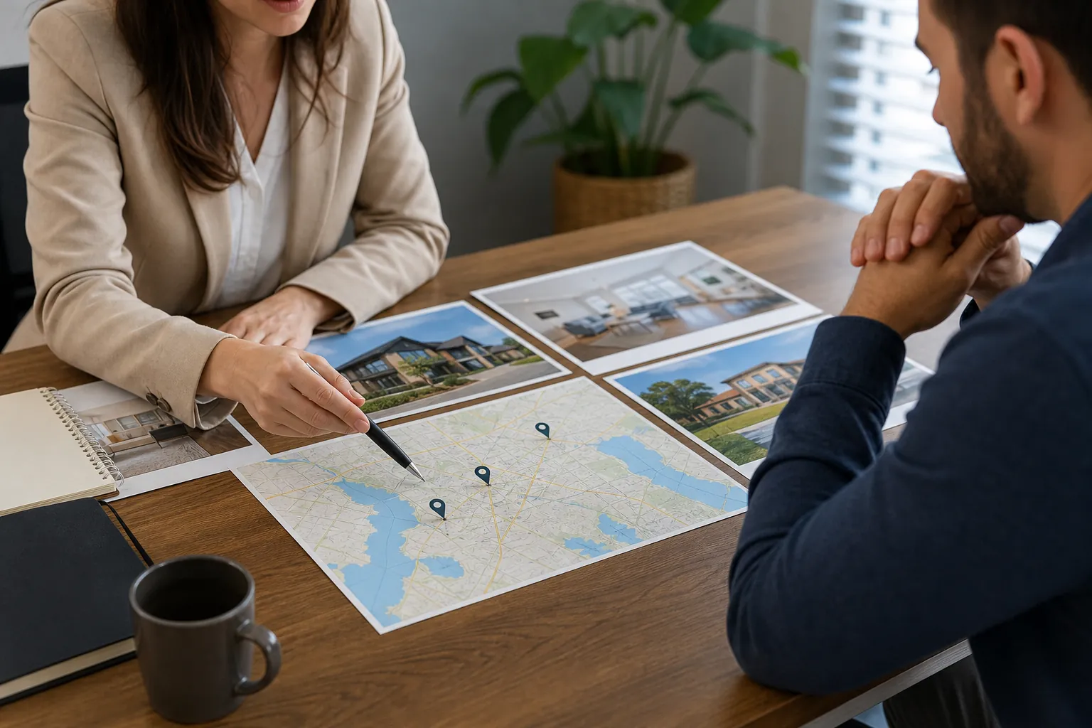 Reviewing Multiple Locations and Facility Photos A woman points with a pen to a map marked with three location pins while a man reviews building and interior photos across a desk.