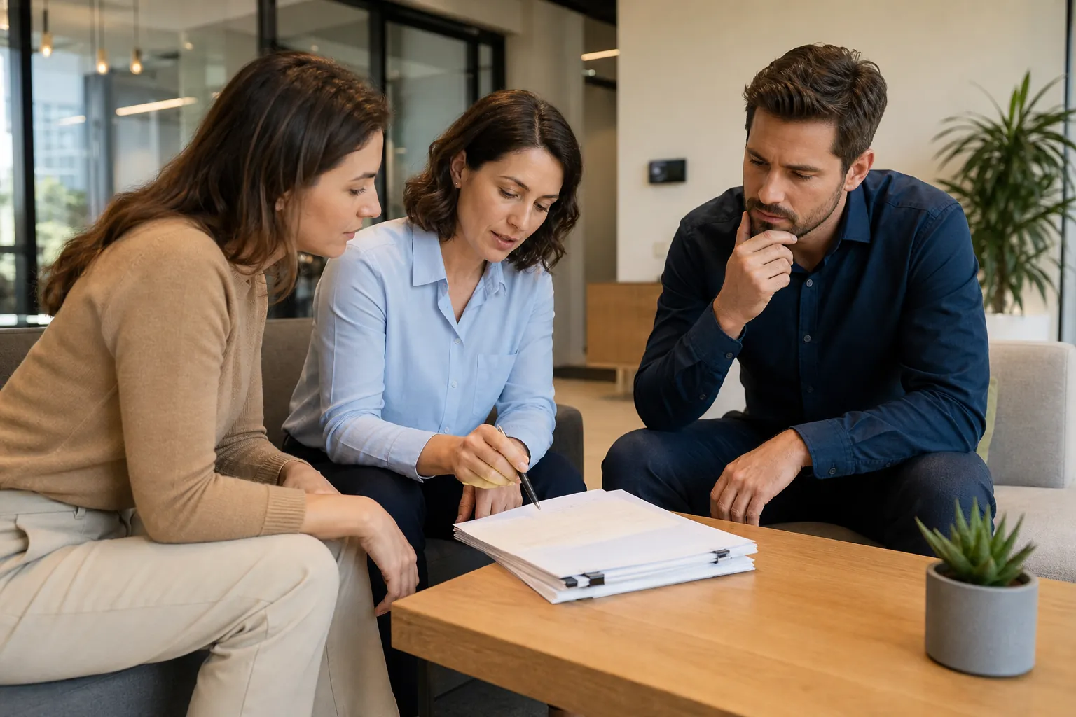 Three adults review a stack of documents on a wooden coffee table, with the center woman pointing at a page with a pen.