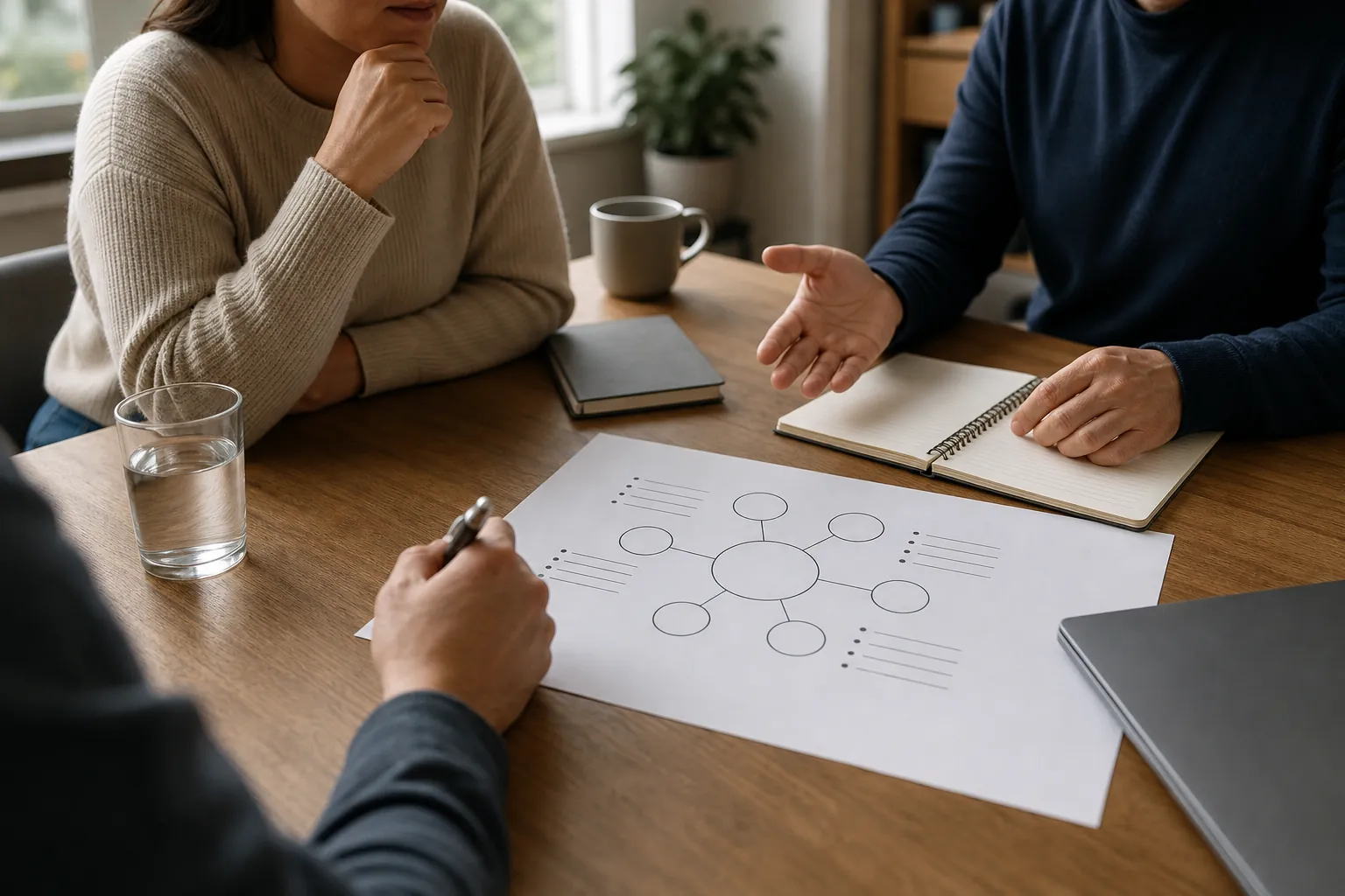 Three people sit around a wooden table with a printed planning diagram, an open notebook, a pen, a laptop and drinks.