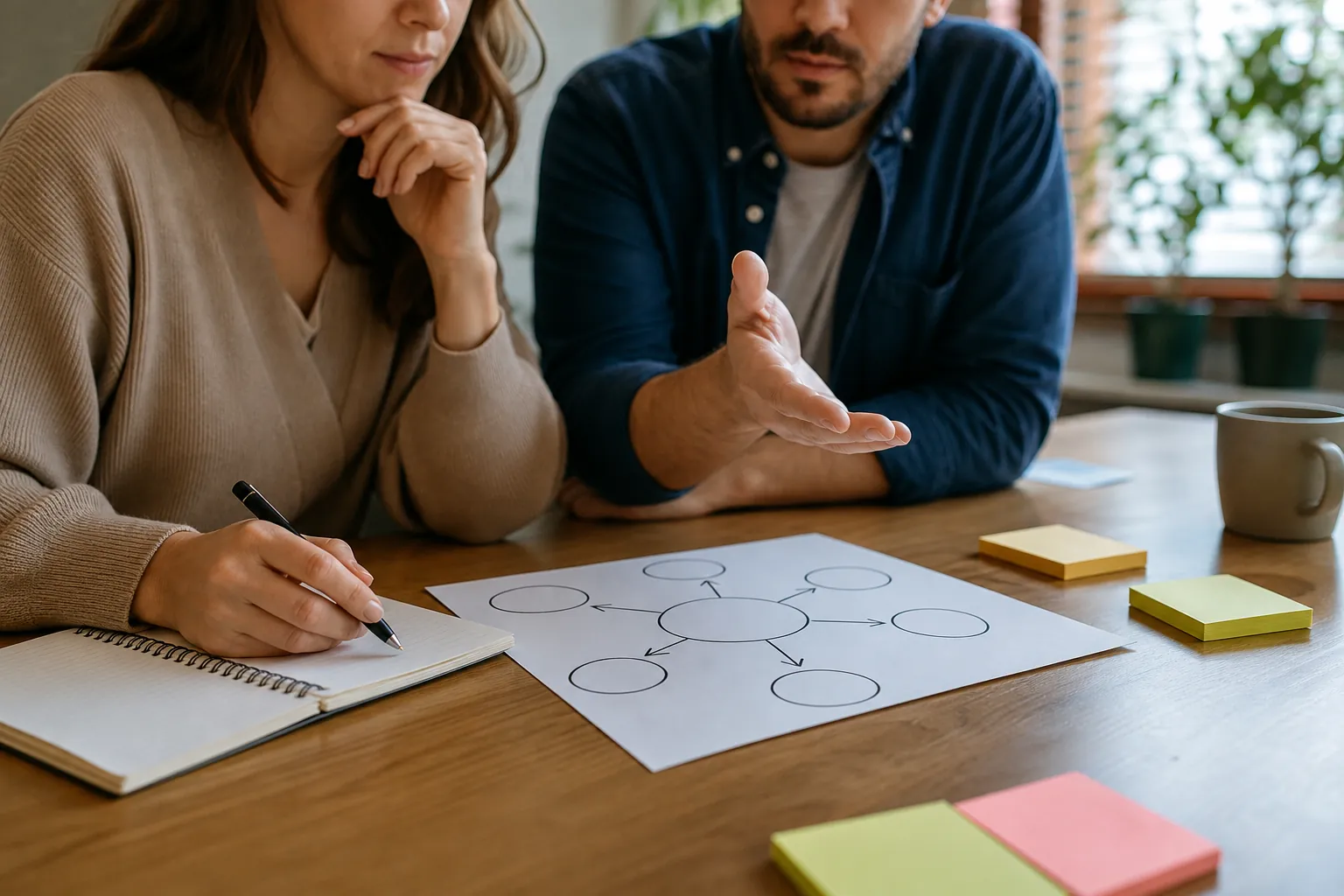 Two people discuss a blank hub-and-spoke diagram at a wooden table, with a notebook, pen, sticky notes and mug.