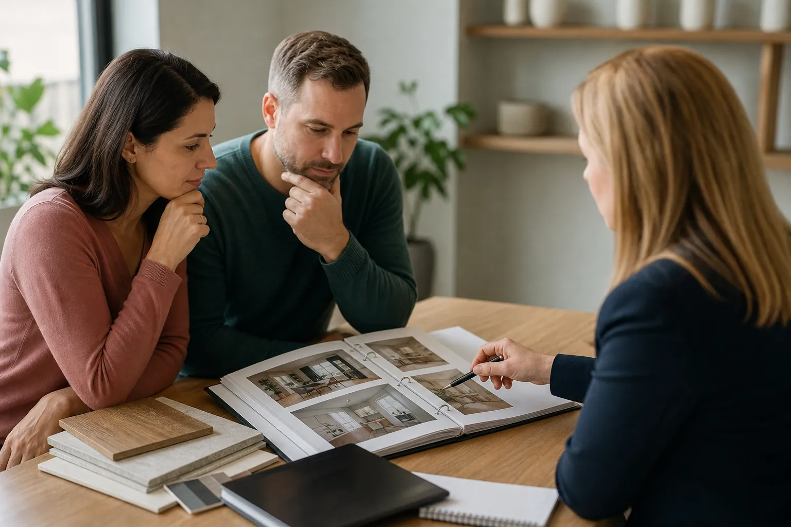 Three adults review interior design photos in an open binder at a wooden table with material samples and notebooks.