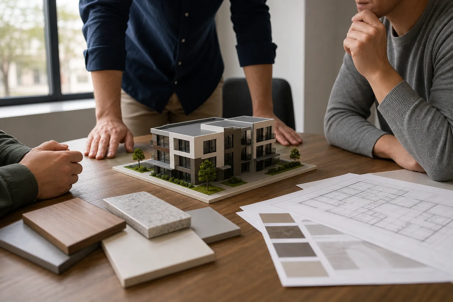 Three people gather around a modern building model on a wooden table with architectural floor plans and material samples.