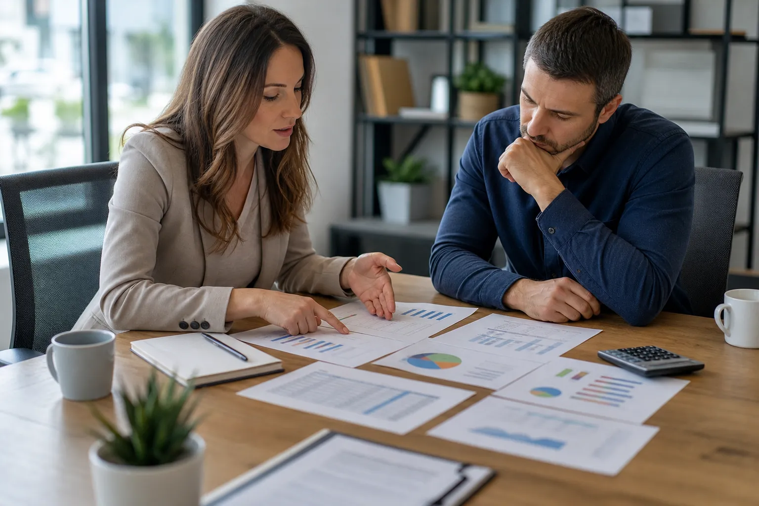 A woman points to printed financial charts while a man studies them at a wooden table with a calculator and coffee mugs.