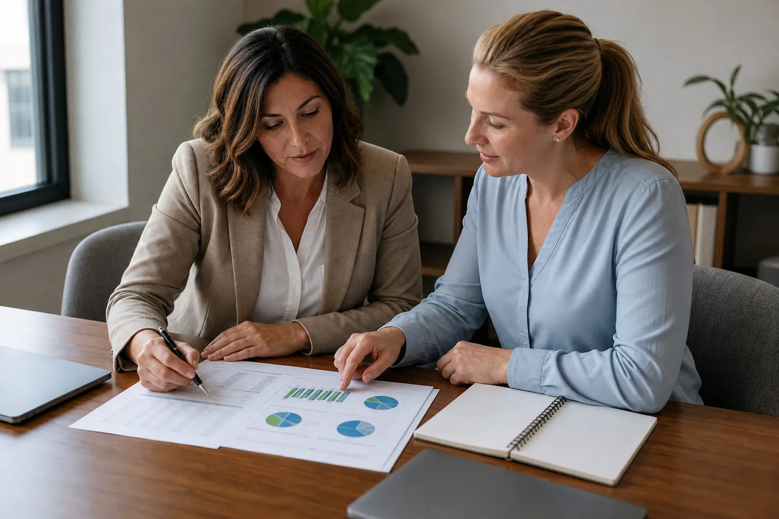 Two women review printed financial charts at a wooden table, one holding a pen and the other pointing beside an open notebook.