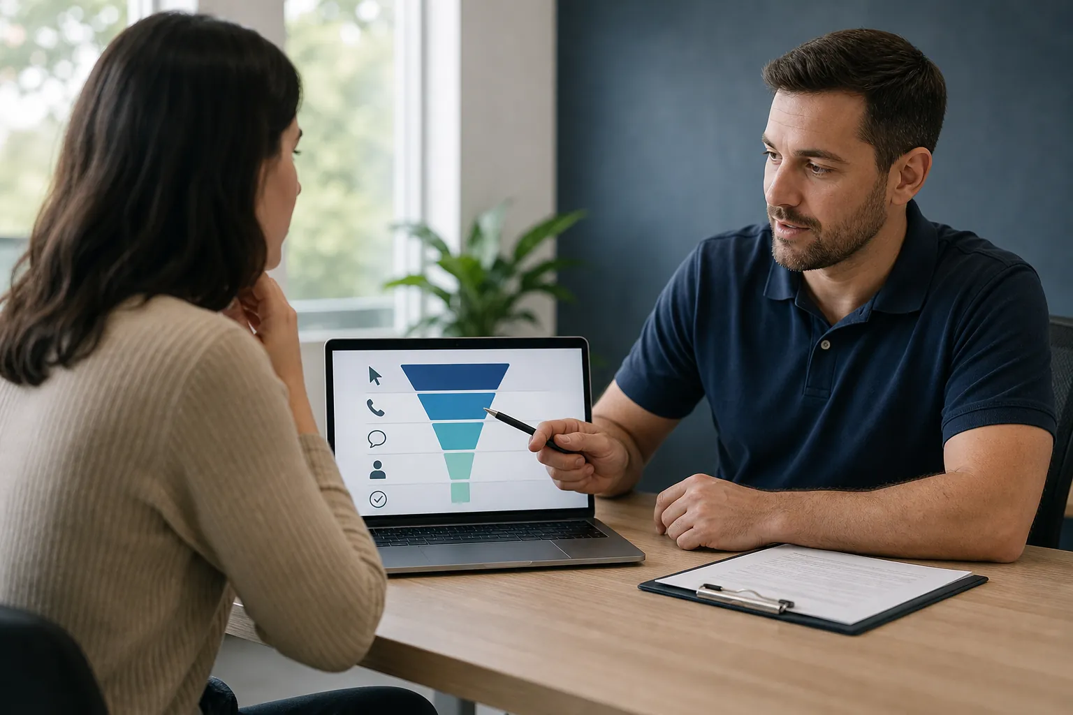 A man points to a contact funnel diagram on a laptop while speaking with a woman across a desk with a clipboard.