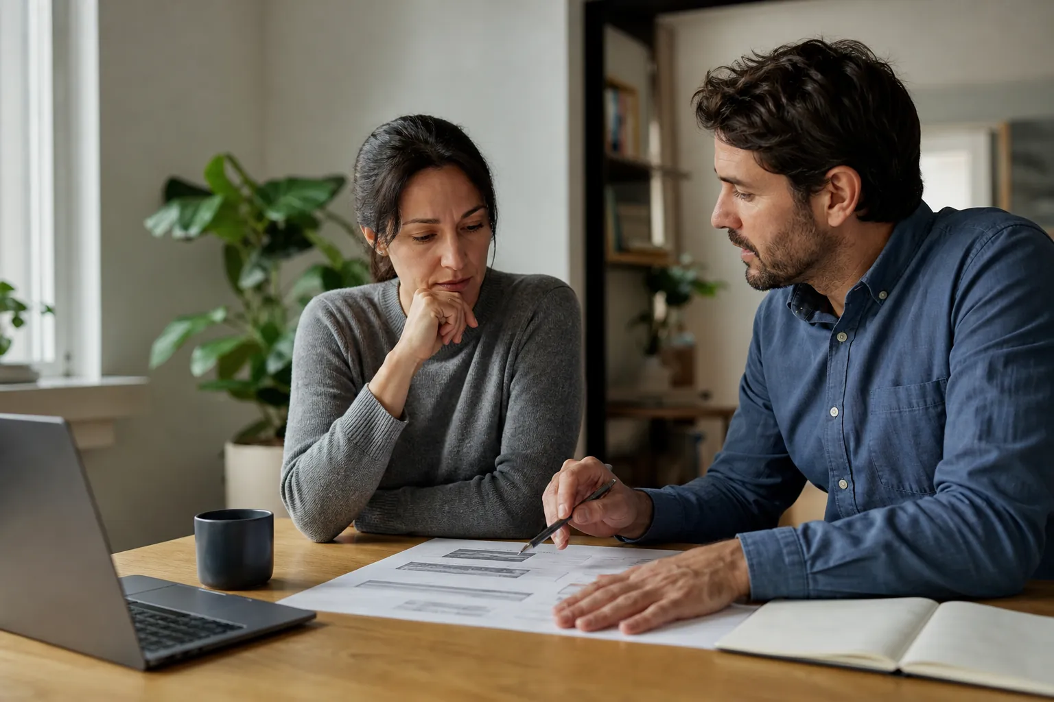 Two adults review printed charts at a wooden table, with a pen, laptop, dark mug, and open notebook beside them.