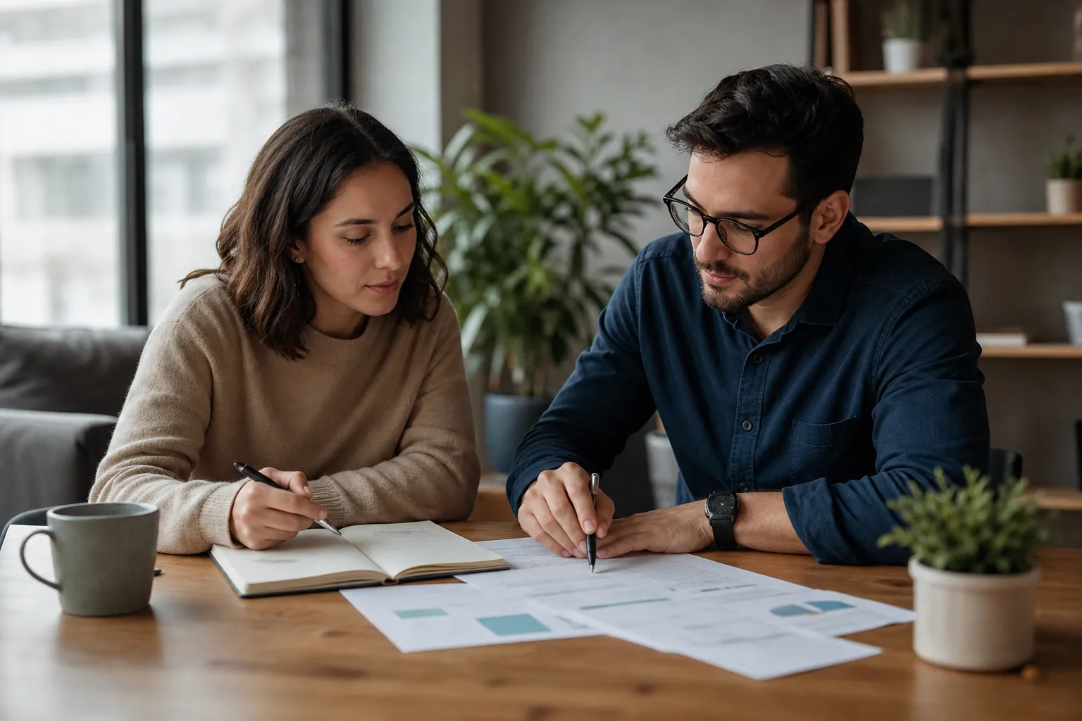 Two People Reviewing Documents and Taking Notes Two people review printed documents at a wooden table, with pens, an open notebook, a mug, and a potted plant.