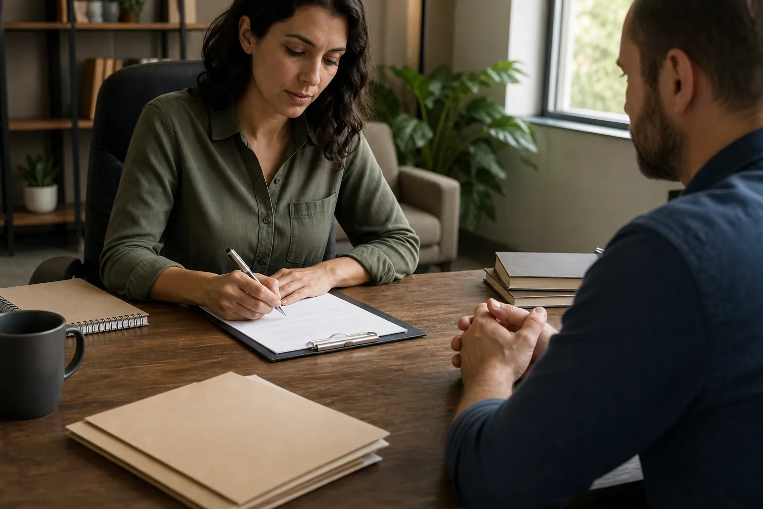 Woman Writing on a Clipboard During an Office Meeting A woman writes on a clipboard across a wooden desk from a man with clasped hands, beside folders, books and a mug.