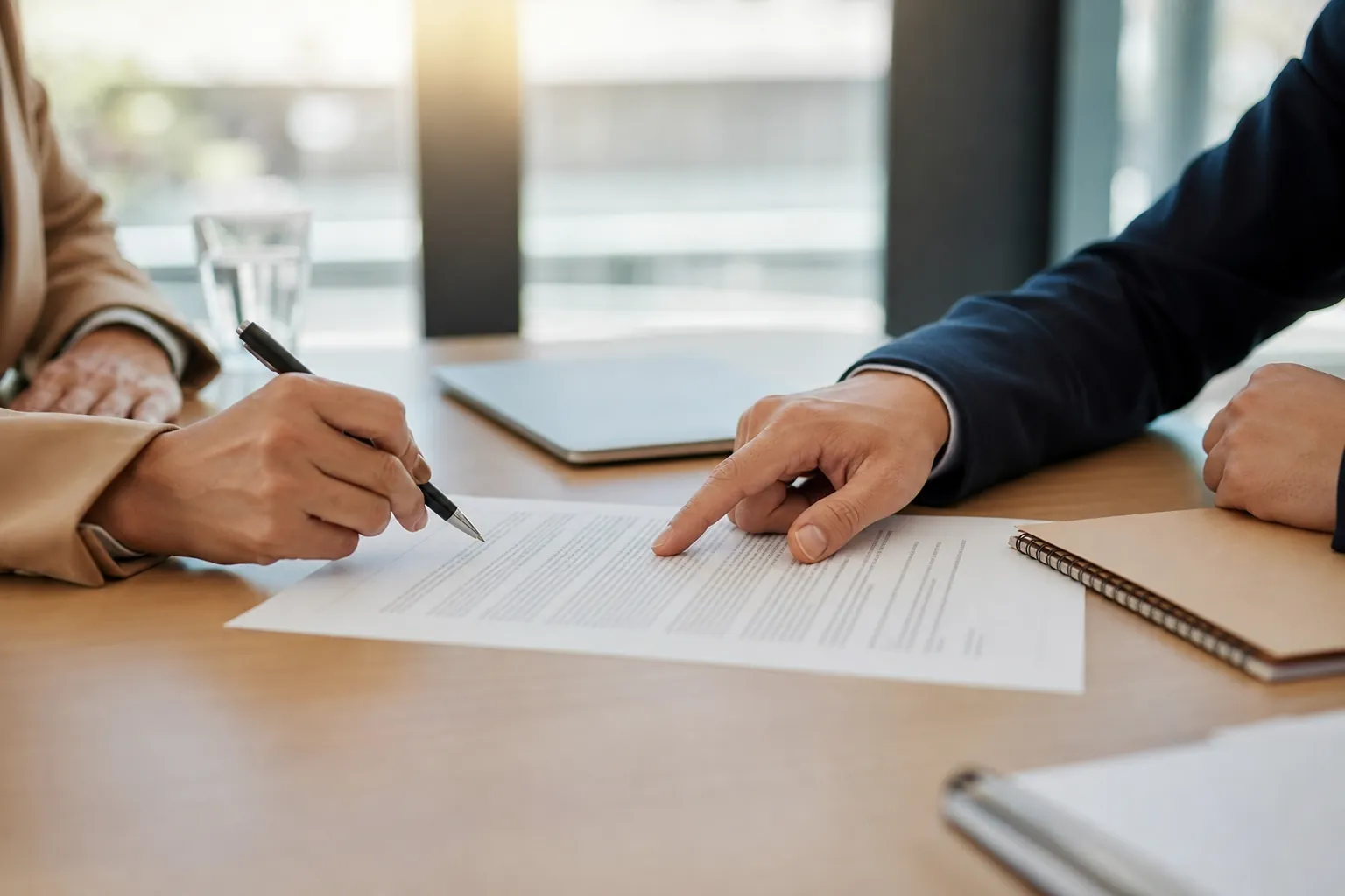 Two people review a printed document at a wooden table, one holding a pen while the other points to a line on the page.