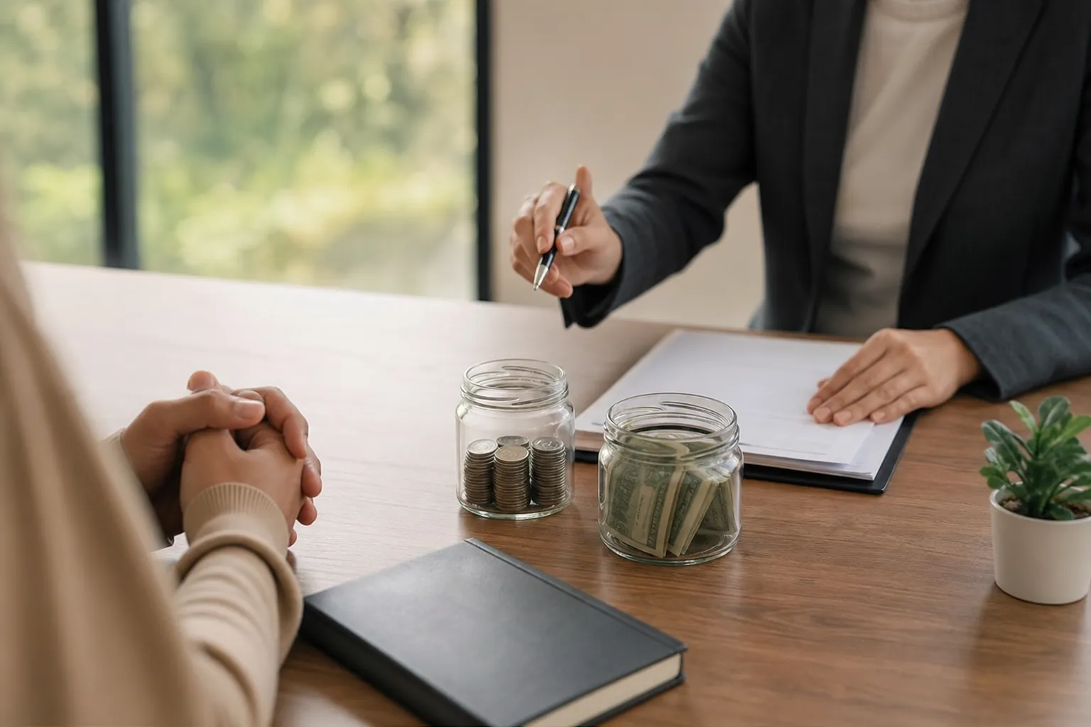 Two people sit across a desk with separate jars of coins and banknotes while one holds a pen over paperwork.