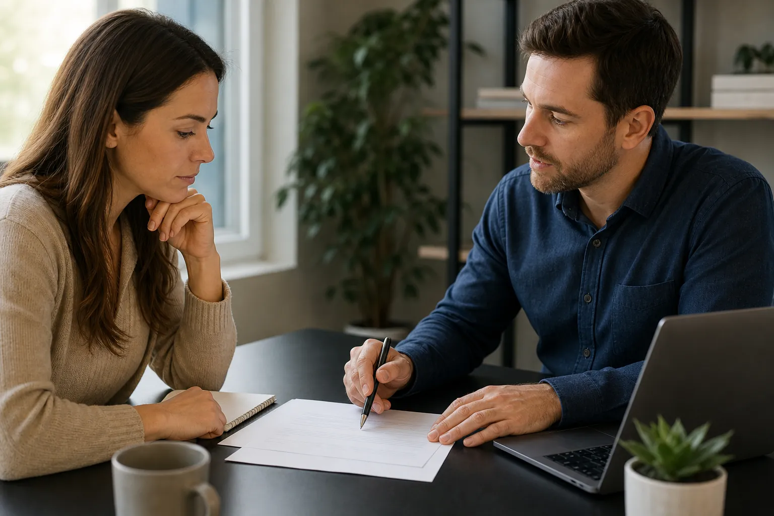 A man holding a pen and a woman review paperwork at a desk with an open laptop, notebook, mug, and potted plant.