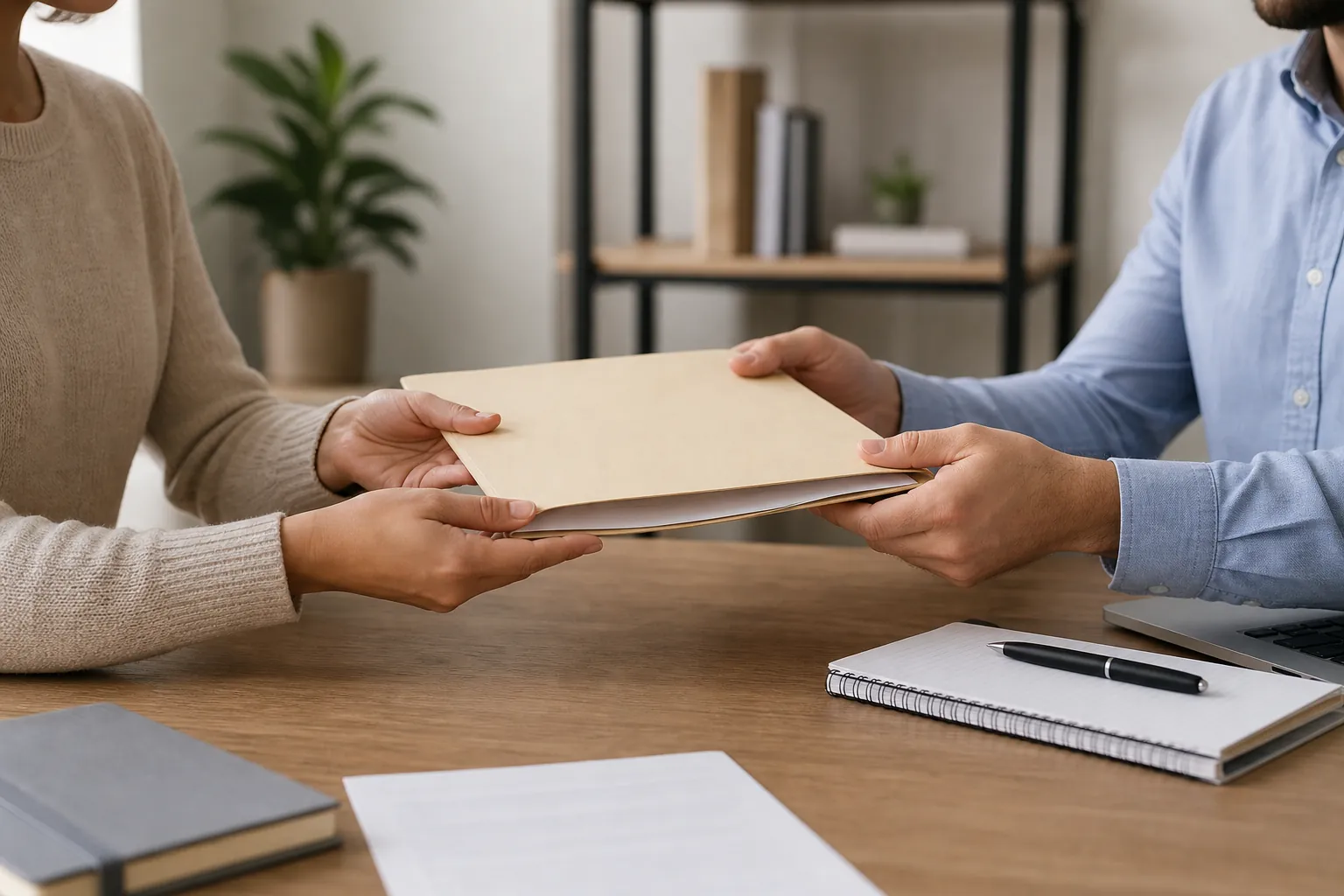 Two people pass a beige document folder across a wooden desk beside a laptop, spiral notebook, pen, and loose paper.