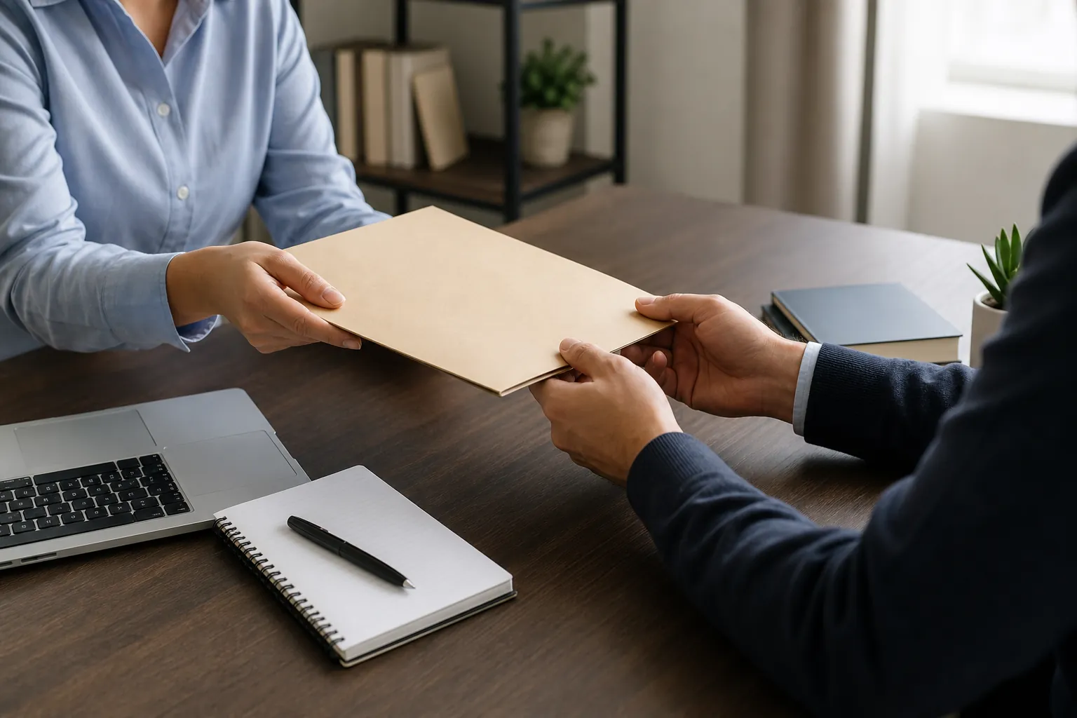 Two people pass a plain tan folder across a wooden desk beside a laptop, spiral notebook, pen, and stacked books.