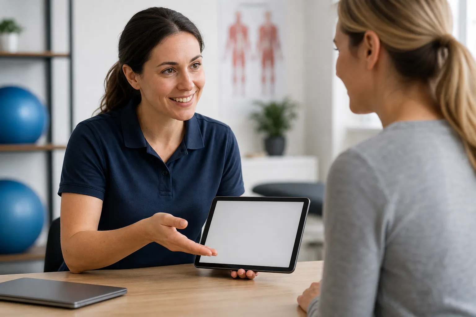 A smiling woman in a navy polo shows a blank tablet to another woman at a clinic table, with exercise balls behind them.