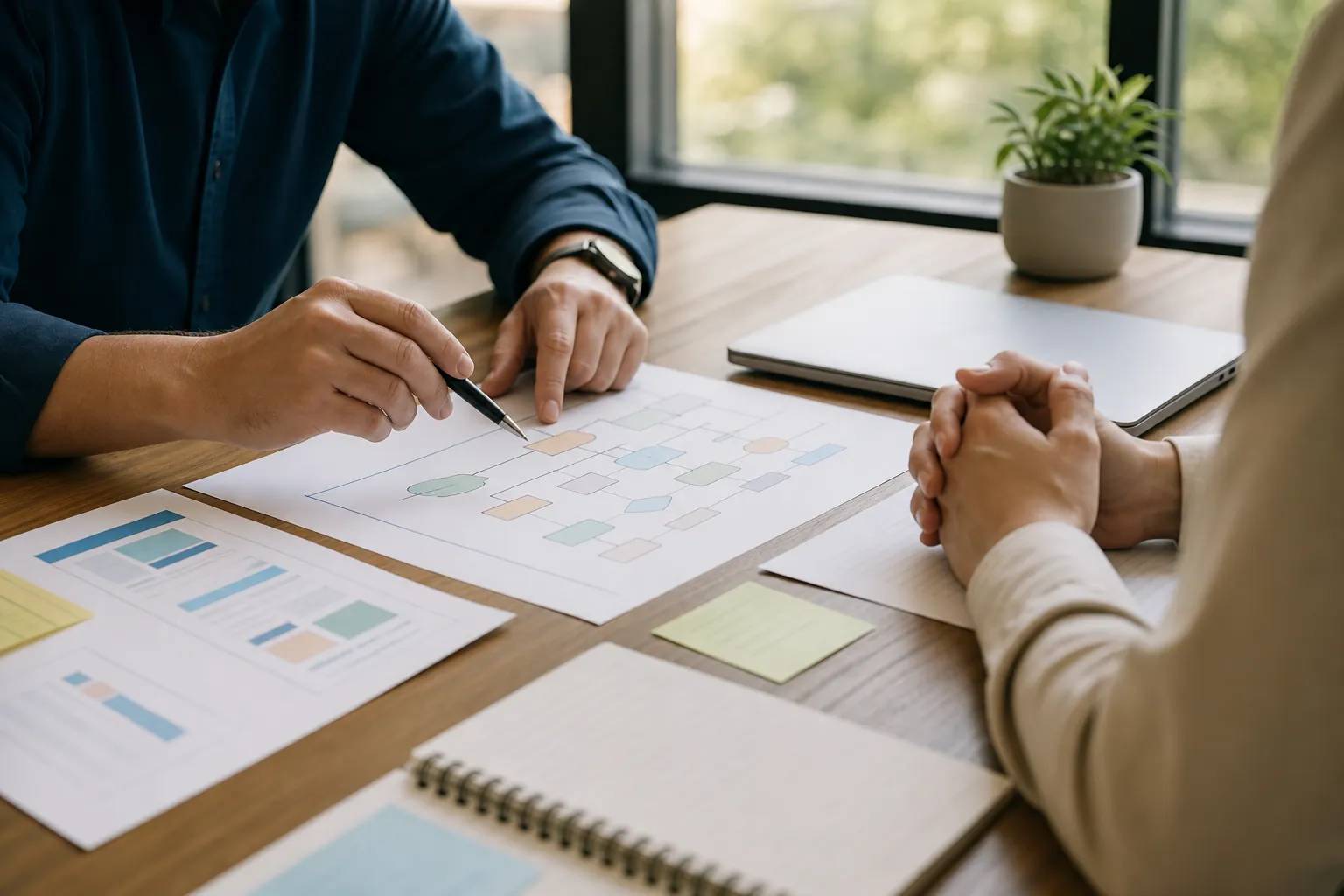 Two people review a printed flowchart and website layouts at a wooden table with a closed laptop and sticky notes.