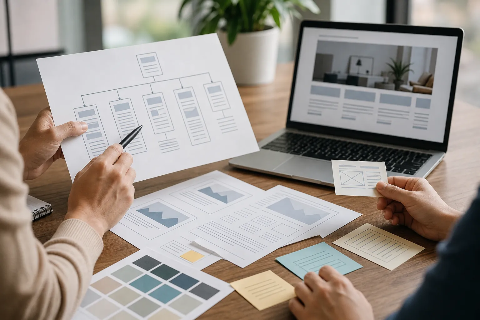 Two people review a printed website sitemap and page wireframes beside a laptop, color swatches, and layout cards.