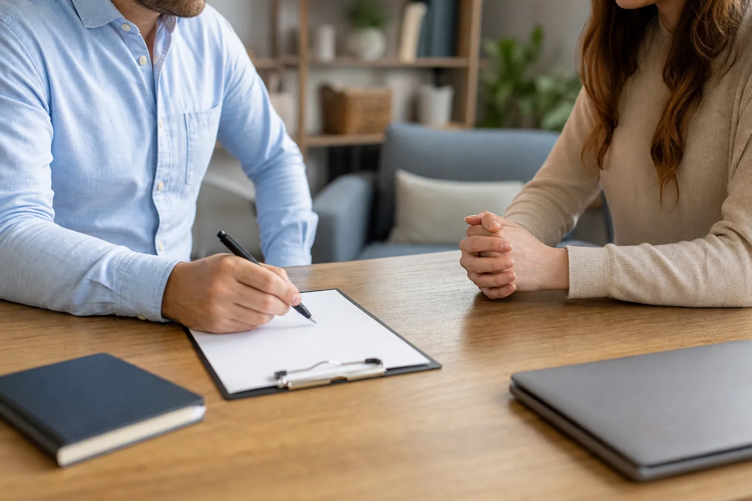 A man holds a pen over a blank clipboard while a woman clasps her hands across a wooden table with a notebook and closed laptop.