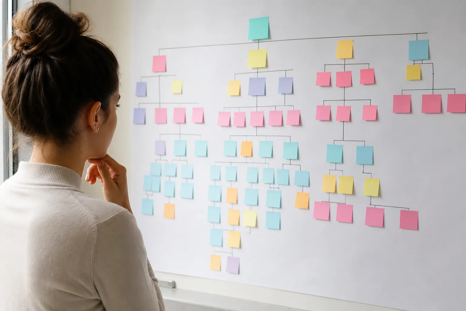 Woman Reviewing a Sticky Note Mapping Diagram A woman with her hand under her chin studies a branching diagram made of colorful sticky notes on a whiteboard.