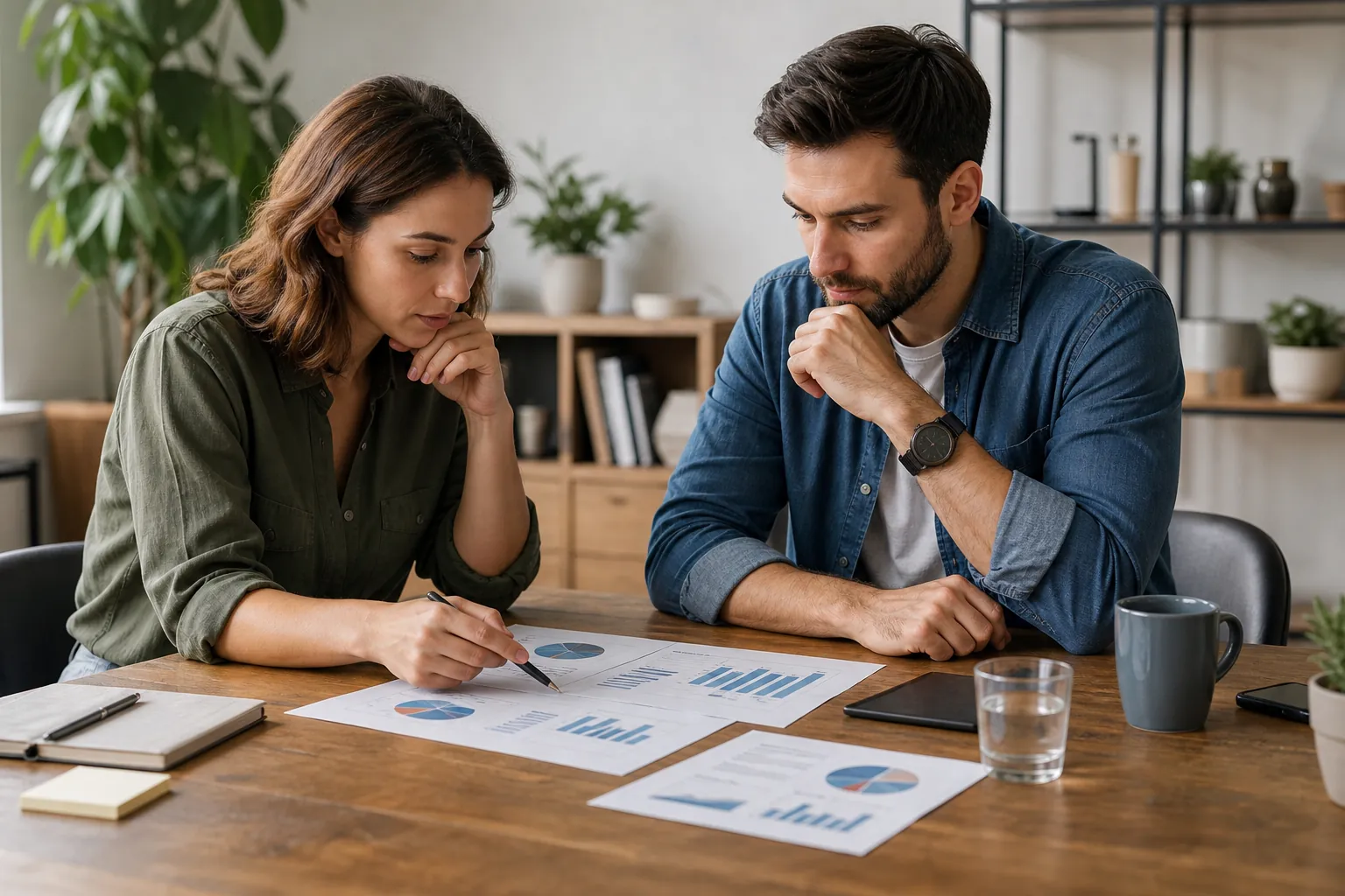A woman holding a pen and a man review printed pie charts and bar graphs at a wooden table in an office.
