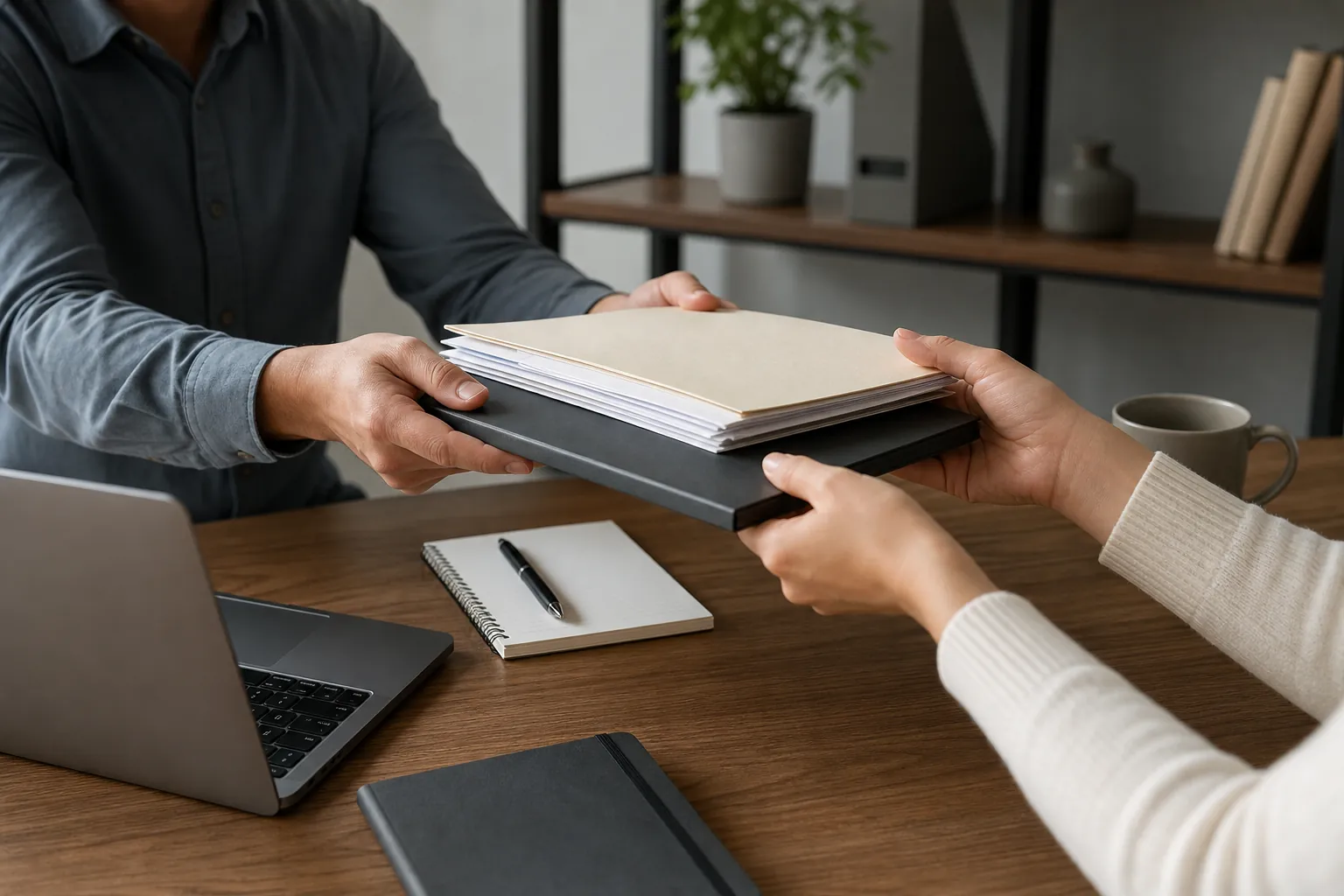 Document Handoff Across an Office Desk Two people pass a stack of folders across a wooden desk beside an open laptop, a spiral notebook, a pen, and a mug.