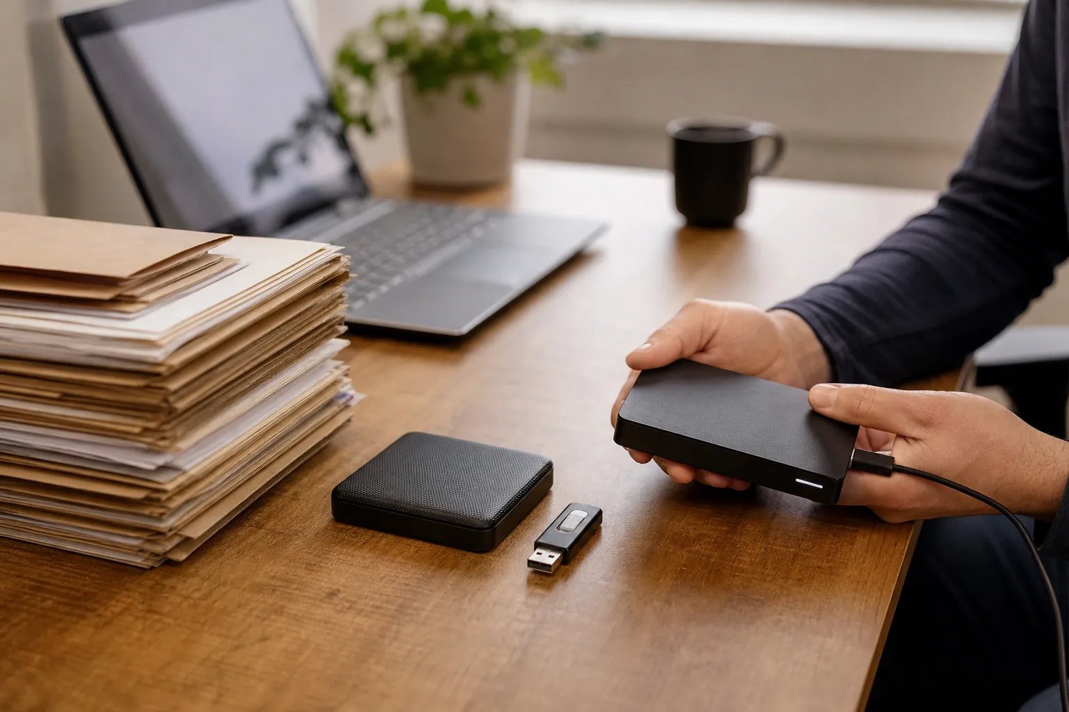 External Drive and Paper Files Beside a Laptop A person holds a cabled external drive beside a laptop, USB flash drive, black case, and stack of paper folders on a wooden desk.