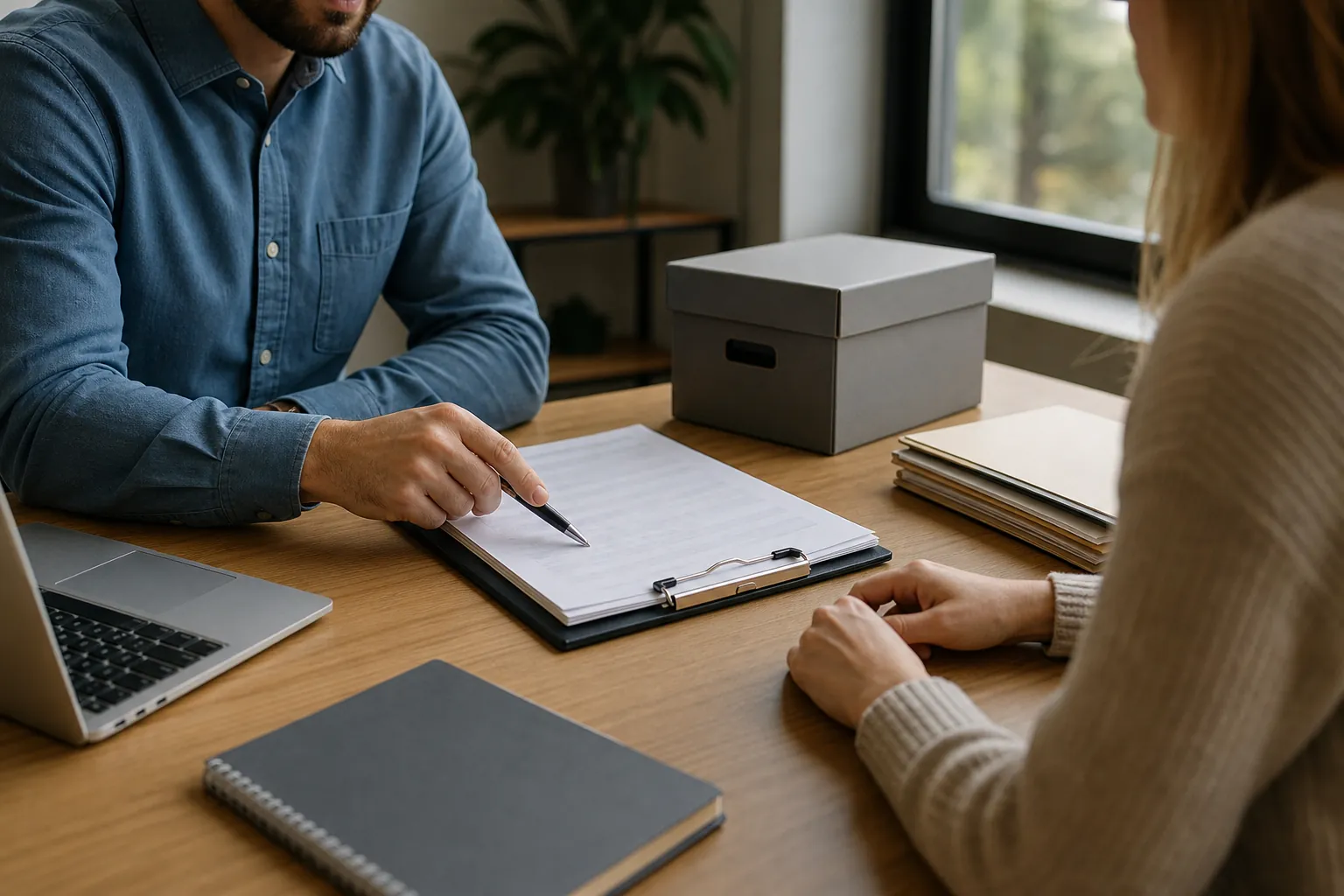 Reviewing Paperwork at a Desk With a Laptop Two people sit across a wooden desk, with one pointing a pen at a clipboard beside a laptop, folders and a storage box.