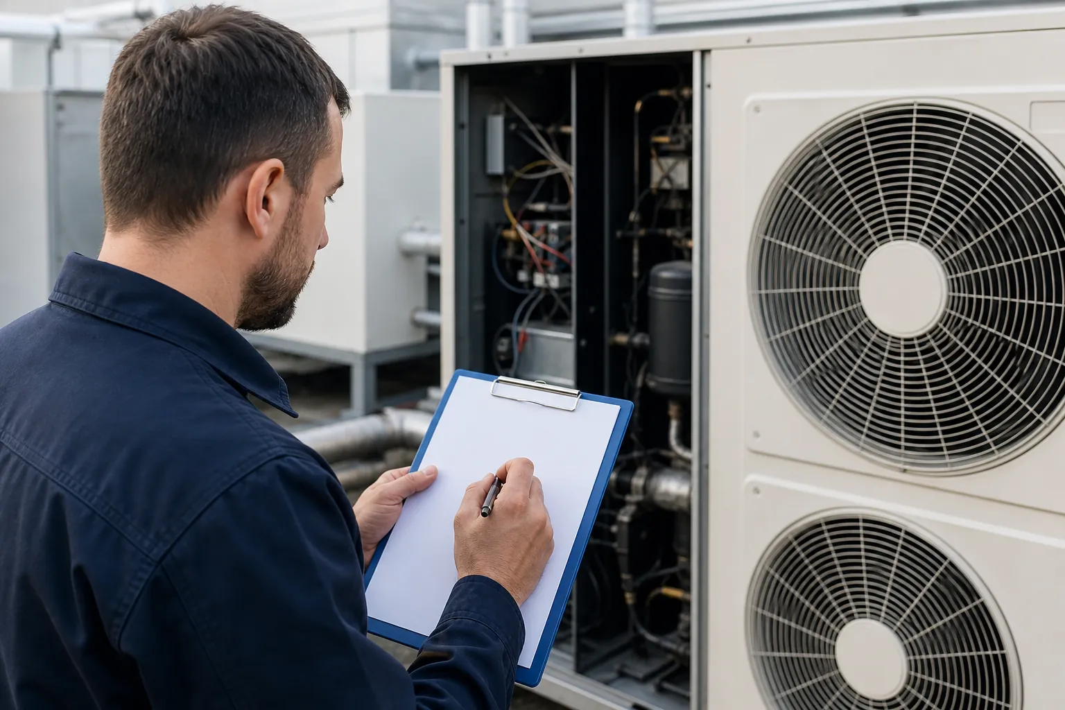 A technician holds a pen and blue clipboard beside an open HVAC unit with exposed wiring and two large fans.