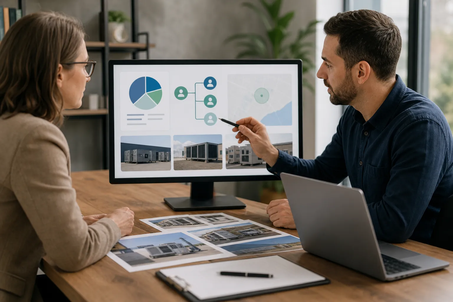 Two people review audience diagrams, charts and HVAC equipment photos on a monitor, with printed photos and a laptop on the desk.