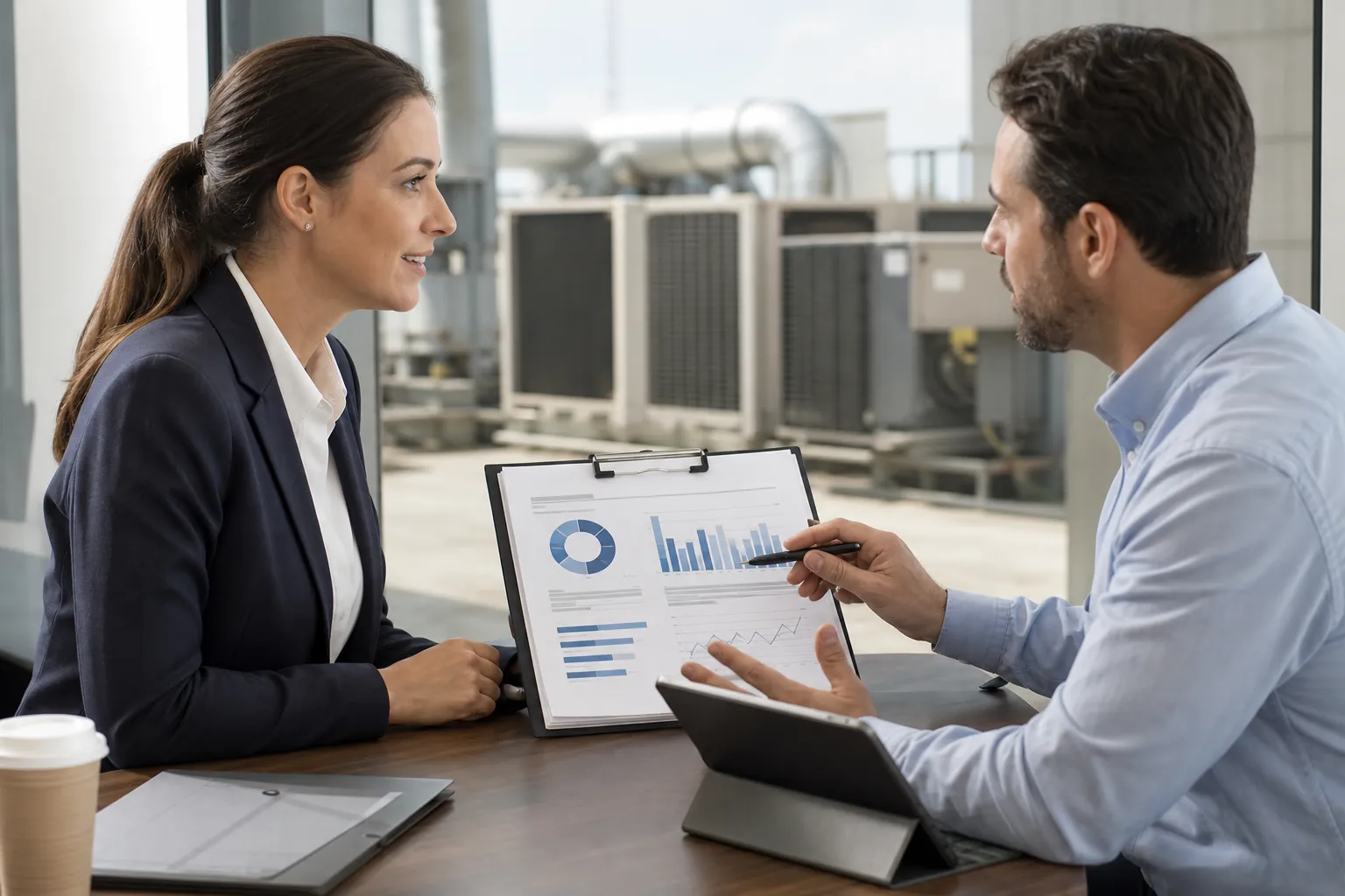 Two business professionals discuss charts on a clipboard at a table with a tablet, with HVAC equipment visible behind them.