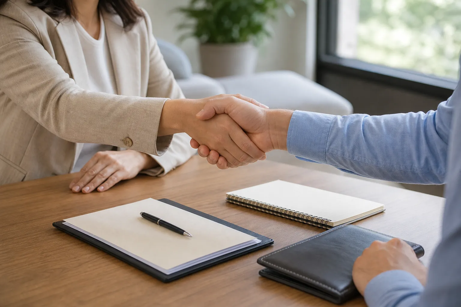 Two people shake hands across a wooden desk with a pen, blank papers, a spiral notebook, and a black portfolio.