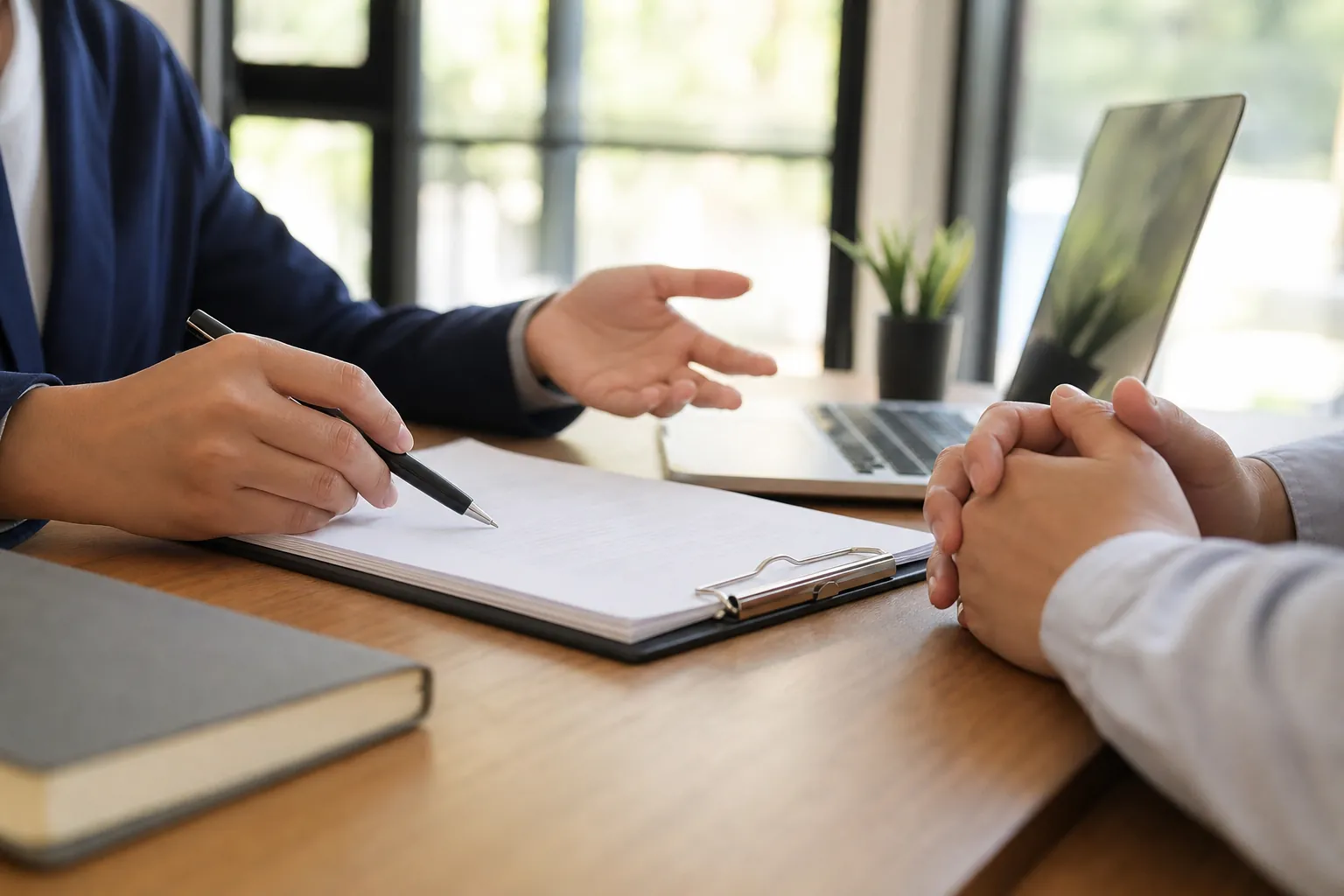 Two people sit across a wooden desk, one holding a pen over clipboard papers, with an open laptop nearby.