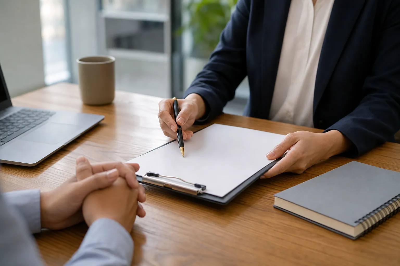 Two people sit across a wooden desk, one holding a pen over a blank clipboard beside a laptop, mug and notebook.