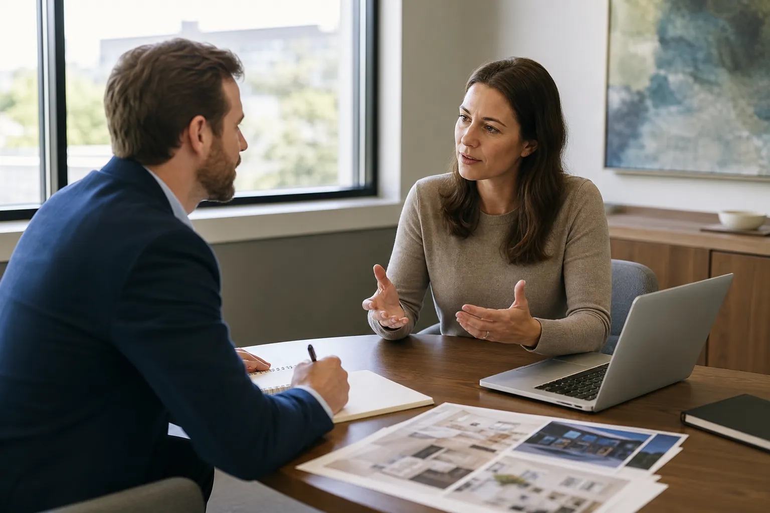 A woman gestures while speaking with a man taking notes at a wooden table with an open laptop and printed layouts.