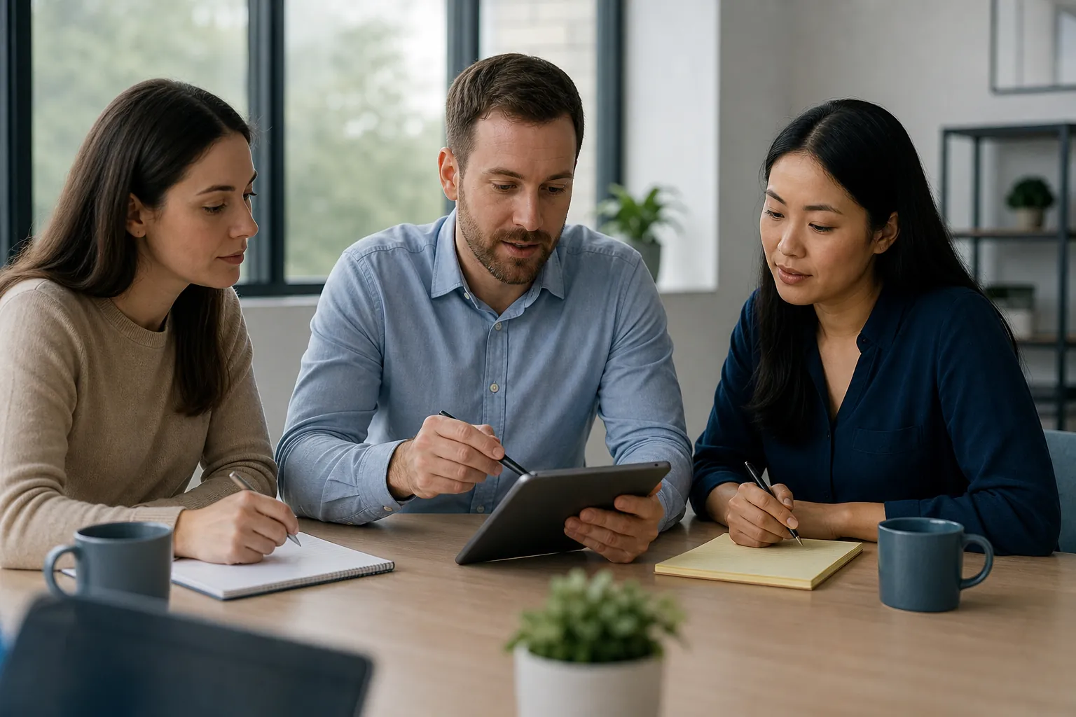 Three colleagues review a tablet at an office table, with two women taking notes beside mugs and a small potted plant.