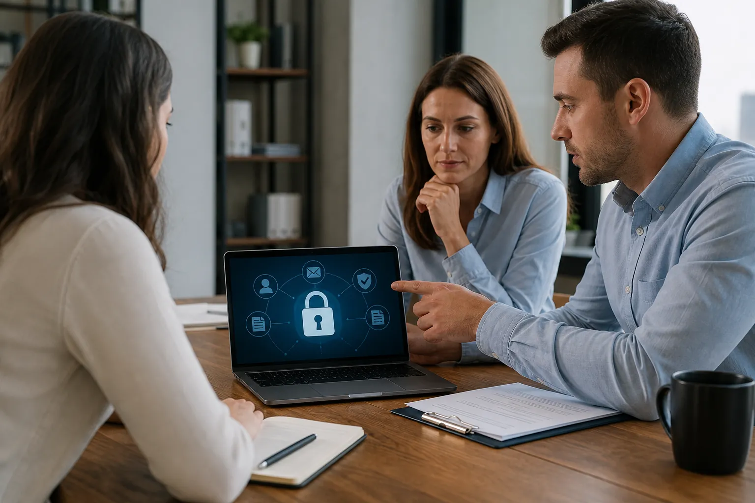 Three people meet at a wooden table as a man points to a laptop displaying a padlock and connected user and document icons.